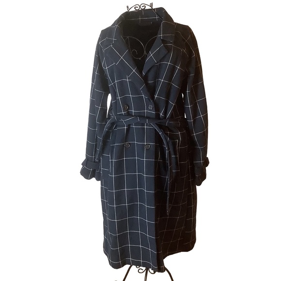 Abercrombie & Fitch Navy Windowpane Trench Coat – Size XL - Picture 2 of 14
